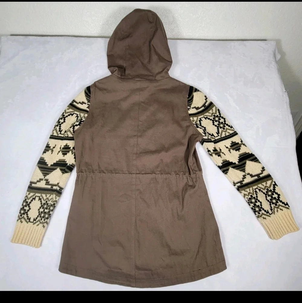 Skies Are Blue Women’s Utility Sweater Jacket Medium Brown Hooded Zip-Up Pockets